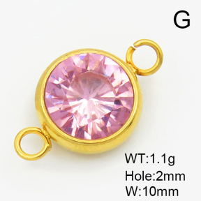 304 Stainless Steel Zircon Links Connectors,Flat Round,Vacuum Plating Gold,Pink,10mm,Hole:2mm,about 1.1g/pc,5 pcs/package,XFL02048vaia-906
