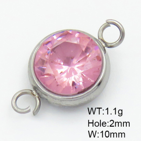 304 Stainless Steel Zircon Links Connectors,Flat Round,True Color,Pink,10mm,Hole:2mm,about 1.1g/pc,5 pcs/package,XFL02050aaho-906