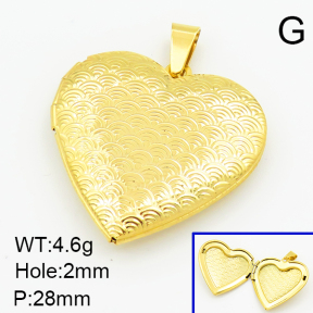304 Stainless Steel Locket Pendants,Flat Heart,Water Ripples,Vacuum Plating Gold,28mm,Hole:2mm,about 4.6g/pc,5 pcs/package,XFPC03292aajo-906