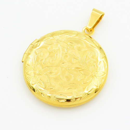 304 Stainless Steel Locket Pendants,Flat Round,Flower,Vacuum Plating Gold,27mm,Hole:2mm,about 4.2g/pc,5 pcs/package,XFPC03301aajo-906