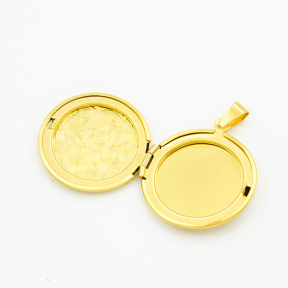 304 Stainless Steel Locket Pendants,Flat Round,Flower,Vacuum Plating Gold,27mm,Hole:2mm,about 4.2g/pc,5 pcs/package,XFPC03301aajo-906