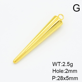 304 Stainless Steel Pendants,Long Cone,Vacuum Plating Gold,28x5mm,Hole:2mm,about 2.5g/pc,5 pcs/package,XFPC03310aaik-906