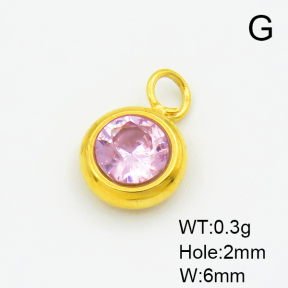 304 Stainless Steel Zircon Pendants,Flat Round,Vacuum Plating Gold,Pink,6mm,Hole:2mm,about 0.3g/pc,5 pcs/package,XFPC03318vahk-906