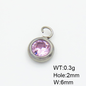 304 Stainless Steel Zircon Pendants,Flat Round,True Color,Pink,6mm,Hole:2mm,about 0.3g/pc,5 pcs/package,XFPC03320aahi-906