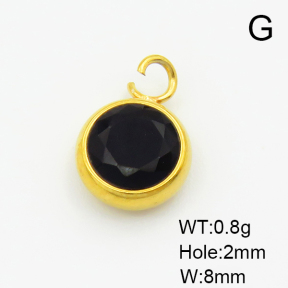 304 Stainless Steel Zircon Pendants,Flat Round,Vacuum Plating Gold,Black,8mm,Hole:2mm,about 0.8g/pc,5 pcs/package,XFPC03346aahn-906