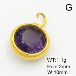 304 Stainless Steel Zircon Pendants,Flat Round,Vacuum Plating Gold,Purple,10mm,Hole:2mm,about 1.1g/pc,5 pcs/package,XFPC03374aahp-906