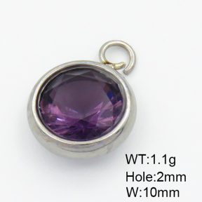 304 Stainless Steel Zircon Pendants,Flat Round,True Color,Purple,10mm,Hole:2mm,about 1.1g/pc,5 pcs/package,XFPC03376aahn-906