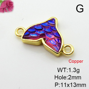 Resin,Brass Links Connectors,Mermaid Tail,Plating Gold,Mixed Color,11x13mm,Hole:2mm,about 1.3g/pc,5 pcs/package,XFL02106avja-G030