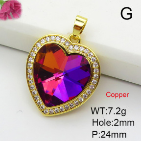Imitation Crystal Glass & Zirconia,Brass Pendants,Heart,Plating Gold,Mixed Color,24mm,Hole:2mm,about 7.2g/pc,5 pcs/package,XFPC03402vbmb-G030