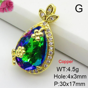 Imitation Crystal Glass & Zirconia,Brass Pendants,Water Droplets,Plating Gold,Mixed Color,30x17mm,Hole:4x3mm,about 4.5g/pc,5 pcs/package,XFPC03409vbmb-G030