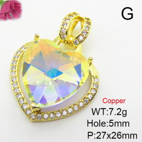Imitation Crystal Glass & Zirconia,Brass Pendants,Heart,Plating Gold,Mixed Color,27x26mm,Hole:5mm,about 7.2g/pc,5 pcs/package,XFPC03416vbmb-G030