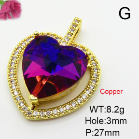 Imitation Crystal Glass & Zirconia,Brass Pendants,Heart,Plating Gold,Mixed Color,27mm,Hole:3mm,about 8.2g/pc,5 pcs/package,XFPC03451vbmb-G030