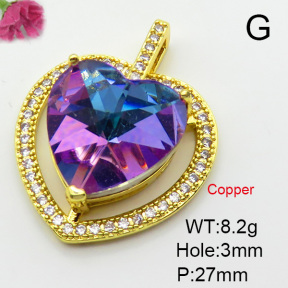 Imitation Crystal Glass & Zirconia,Brass Pendants,Heart,Plating Gold,Mixed Color,27mm,Hole:3mm,about 8.2g/pc,5 pcs/package,XFPC03451vbmb-G030