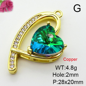 Imitation Crystal Glass & Zirconia,Brass Pendants,Heart,Plating Gold,Mixed Color,28x20mm,Hole:2mm,about 4.8g/pc,5 pcs/package,XFPC03465vbmb-G030