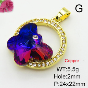 Imitation Crystal Glass & Zirconia,Brass Pendants,Butterfly,Plating Gold,Mixed Color,24x22mm,Hole:2mm,about 5.5g/pc,5 pcs/package,XFPC03479vbmb-G030