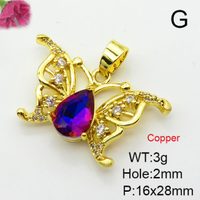 Imitation Crystal Glass & Zirconia,Brass Pendants,Butterfly,Plating Gold,Mixed Color,16x28mm,Hole:2mm,about 3g/pc,5 pcs/package,XFPC03487vbmb-G030