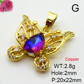 Imitation Crystal Glass & Zirconia,Brass Pendants,Butterfly,Plating Gold,Mixed Color,20x22mm,Hole:2mm,about 2.8g/pc,5 pcs/package,XFPC03503vbmb-G030