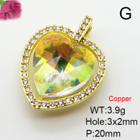 Imitation Crystal Glass & Zirconia,Brass Pendants,Heart,Plating Gold,Mixed Color,20mm,Hole:3x2mm,about 3.9g/pc,5 pcs/package,XFPC03511vbmb-G030