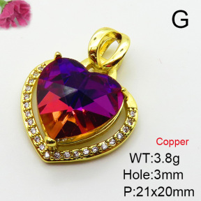 Imitation Crystal Glass & Zirconia,Brass Pendants,Heart,Plating Gold,Mixed Color,21x20mm,Hole:3mm,about 3.8g/pc,5 pcs/package,XFPC03518vbmb-G030
