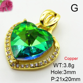 Imitation Crystal Glass & Zirconia,Brass Pendants,Heart,Plating Gold,Mixed Color,21x20mm,Hole:3mm,about 3.8g/pc,5 pcs/package,XFPC03518vbmb-G030