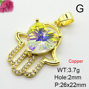 Imitation Crystal Glass & Zirconia,Brass Pendants,Palm,Heart,Plating Gold,Mixed Color,26x22mm,Hole:2mm,about 3.7g/pc,5 pcs/package,XFPC03532vbmb-G030