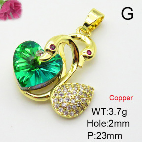 Imitation Crystal Glass & Zirconia,Brass Pendants,Swan,Heart,Plating Gold,Mixed Color,23mm,Hole:2mm,about 3.7g/pc,5 pcs/package,XFPC03539vbmb-G030