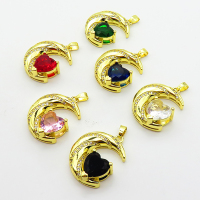 Cubic Zirconia,Brass Pendants,Moon,Heart,Plating Gold,Mixed Color,23x20mm,Hole:2mm,about 4.9g/pc,5 pcs/package,XFPC03597baka-L024