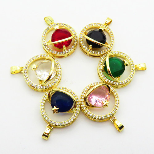 Cubic Zirconia,Brass Pendants,Round,Plating Gold,Mixed Color,18mm,Hole:2mm,about 2.8g/pc,5 pcs/package,XFPC03625aajl-L024