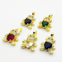 Cubic Zirconia,Brass Pendants,Bear,Plating Gold,Mixed Color,17x16mm,Hole:2mm,about 3g/pc,5 pcs/package,XFPC03659aajl-L024