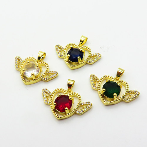 Cubic Zirconia,Brass Pendants,Heart Shape with Wings,Plating Gold,Mixed Color,14x24mm,Hole:2mm,about 2.8g/pc,5 pcs/package,XFPC03700aajl-L024