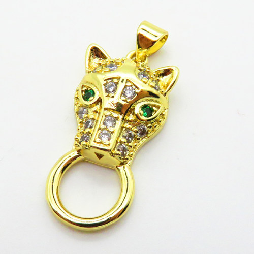 Cubic Zirconia,Brass Pendants,Tiger Head,Plating Gold,25x13mm,Hole:2mm,about 3.7g/pc,5 pcs/package,XFPC03765baka-L024