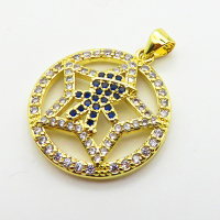 Cubic Zirconia,Brass Pendants,Round,Five-Pointed Star,Plating Gold,22mm,Hole:2mm,about 3.7g/pc,5 pcs/package,XFPC03768baka-L024