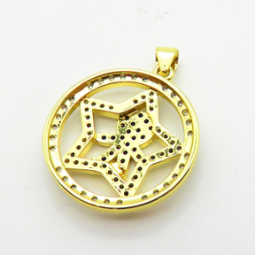 Cubic Zirconia,Brass Pendants,Round,Five-Pointed Star,Plating Gold,22mm,Hole:2mm,about 3.7g/pc,5 pcs/package,XFPC03768baka-L024