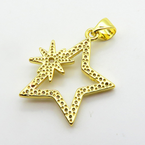 Cubic Zirconia,Brass Pendants,Star,Plating Gold,21x18mm,Hole:2mm,about 1.8g/pc,5 pcs/package,XFPC03771aajl-L024