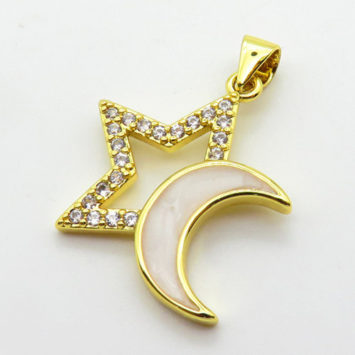 Cubic Zirconia & Enamel,Brass Pendants,Stars,Moon,Plating Gold,20mm,Hole:2mm,about 2g/pc,5 pcs/package,XFPC03774aajl-L024