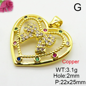 Cubic Zirconia,Brass Pendants,Heart,Bow,Plating Gold,22x25mm,Hole:2mm,about 3.1g/pc,5 pcs/package,XFPC03777baka-L024