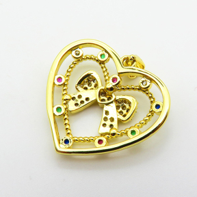 Cubic Zirconia,Brass Pendants,Heart,Bow,Plating Gold,22x25mm,Hole:2mm,about 3.1g/pc,5 pcs/package,XFPC03777baka-L024