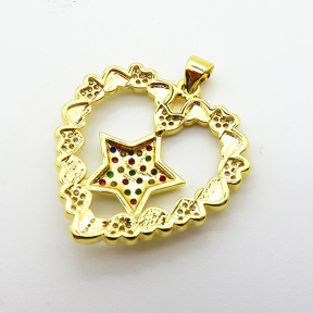 Cubic Zirconia,Brass Pendants,Heart,Star,Plating Gold,28mm,Hole:2mm,about 4.6g/pc,5 pcs/package,XFPC03780aakl-L024