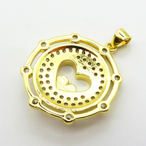 Cubic Zirconia,Brass Pendants,Round,Heart,Plating Gold,23mm,Hole:2mm,about 4.6g/pc,5 pcs/package,XFPC03783baka-L024