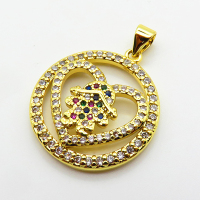 Cubic Zirconia,Brass Pendants,Round,Heart,Plating Gold,23mm,Hole:2mm,about 3.8g/pc,5 pcs/package,XFPC03789ablb-L024