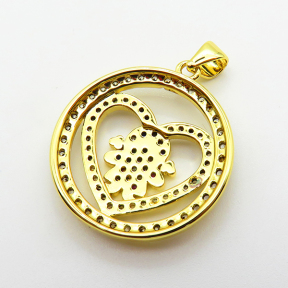 Cubic Zirconia,Brass Pendants,Round,Heart,Plating Gold,23mm,Hole:2mm,about 3.8g/pc,5 pcs/package,XFPC03789ablb-L024