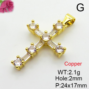 Cubic Zirconia,Brass Pendants,Cross,Plating Gold,24x17mm,Hole:2mm,about 2.1g/pc,5 pcs/package,XFPC03801aajl-L024