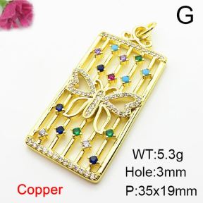 Micro Pave Cubic Zirconia,Brass Pendants,Rectangle,Butterfly,Plating Gold,35x19mm,Hole:2mm,about 5.3g/pc,5 pcs/package,XFPC03984ablb-L024