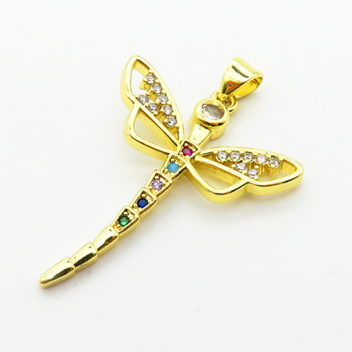 Micro Pave Cubic Zirconia,Brass Pendants,Dragonfly,Plating Gold,30x25mm,Hole:2mm,about 2.6g/pc,5 pcs/package,XFPC03810aajl-L024