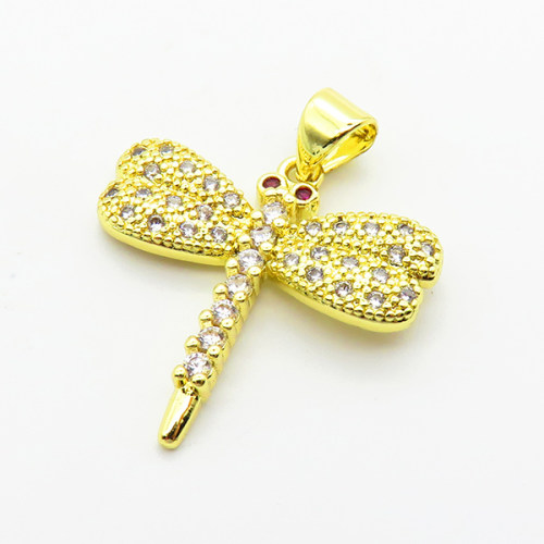 Micro Pave Cubic Zirconia,Brass Pendants,Dragonfly,Plating Gold,19x22mm,Hole:2mm,about 2.2g/pc,5 pcs/package,XFPC03813aajl-L024