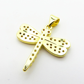 Micro Pave Cubic Zirconia,Brass Pendants,Dragonfly,Plating Gold,19x22mm,Hole:2mm,about 2.2g/pc,5 pcs/package,XFPC03813aajl-L024