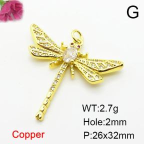 Micro Pave Cubic Zirconia,Brass Pendants,Dragonfly,Plating Gold,26x32mm,Hole:2mm,about 2.7g/pc,5 pcs/package,XFPC03819aajl-L024