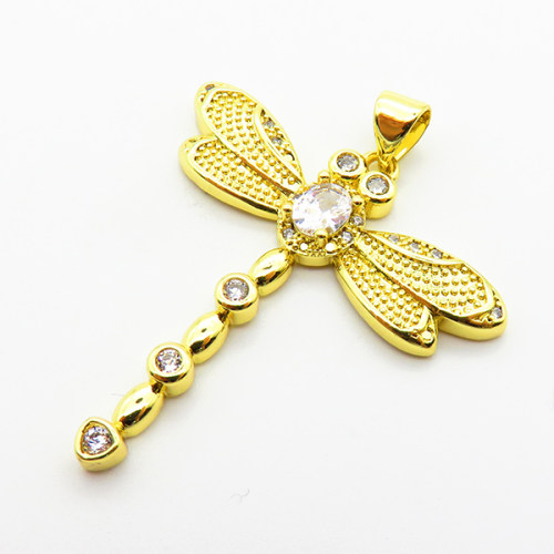 Micro Pave Cubic Zirconia,Brass Pendants,Dragonfly,Plating Gold,32mm,Hole:2mm,about 3.7g/pc,5 pcs/package,XFPC03828aajl-L024