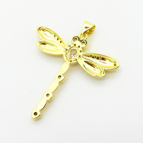 Micro Pave Cubic Zirconia,Brass Pendants,Dragonfly,Plating Gold,32mm,Hole:2mm,about 3.7g/pc,5 pcs/package,XFPC03828aajl-L024