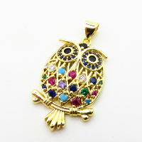 Micro Pave Cubic Zirconia,Brass Pendants,Owl,Plating Gold,25x17mm,Hole:2mm,about 3.7g/pc,5 pcs/package,XFPC03831baka-L024